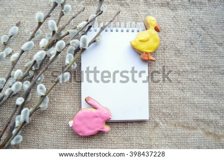Easter greeting card ., easter eggs, pussy willow .Easter cookies