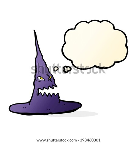 cartoon spooky witches hat with thought bubble
