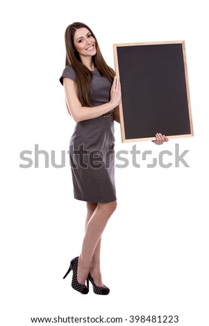 young caucasian woman holding a chalboard on white background
