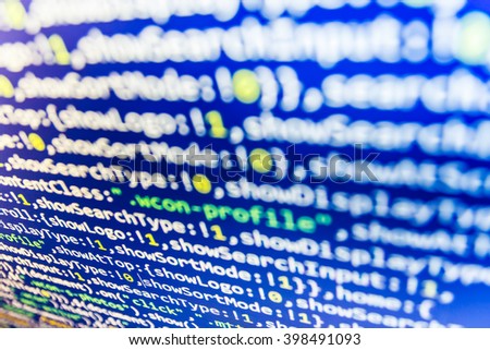 Software source code. Writing programming code on laptop. Computer program.  Website codes on computer monitor. Source code photo. Monitor photo. Developer working on software codes in office. 
