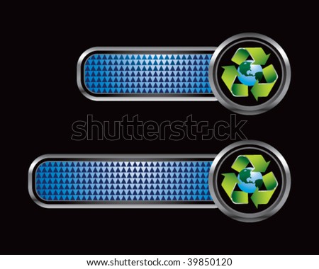 green planet recycle symbol on blue checkered banners