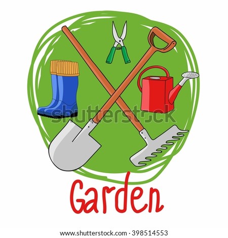 Vector illustration isolated on green background, agriculture and horticulture. It can be used as an icon. Vector image of garden tools.