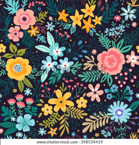 Amazing floral pattern with bright colorful flowers, plants, branches and berries on a black background. The elegant the template for fashion prints.