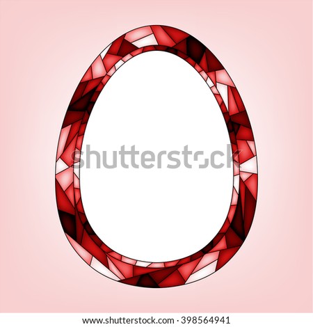 Colorful illustration background, invitation or greeting card template with Easter egg, vinous ornament and frame for the text. Stained glass mosaic style. Happy Easter. Vector design.