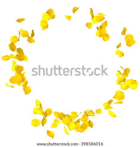 Petals yellow roses are flying in a circle on isolated white background. There is a place for Your text or photo Royalty-Free Stock Photo #398586016