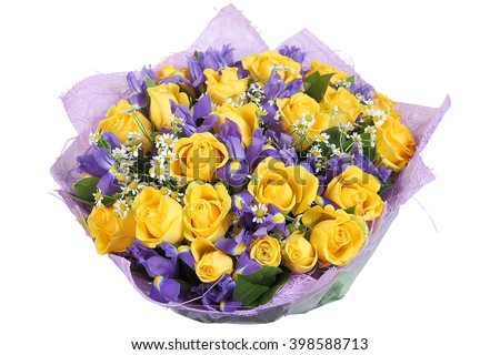 Floral bouquet of yellow roses and violet orchids isolated on white background.
