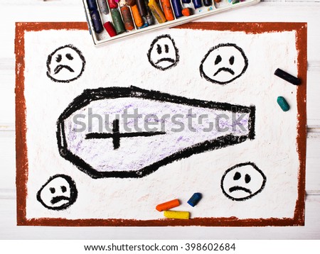 Photo of a drawing: coffin surrounded by sad faces
