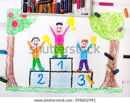 Photo of a colorful drawing: happy children standing on the winner podium with cups in their hands