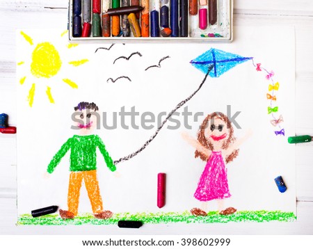 Photo of a colorful drawing: Children playing with a kite