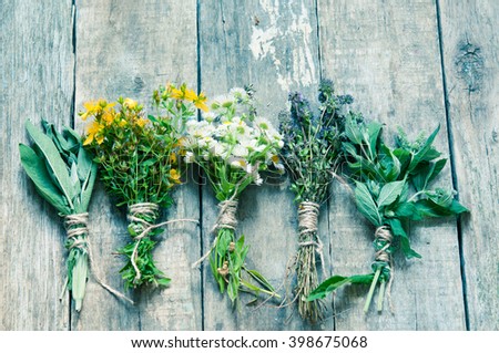 Fresh herbs on wooden surface/toned photo