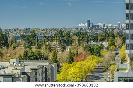 Early Spring Blooms on the Streets of Bellevue, Washington with the Seattle Skyline and Olympic Mountains in the Distance