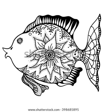 Hand drawn vector fish with floral elements in black and white doodle style. Pattern for coloring book