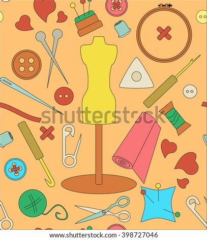 Pattern needlework, seamless structure, a graphic sample, objects for an embroidery, a vector illustration, fabric with a pattern, a sewing set, a dummy for clothes, design in amateur style, 