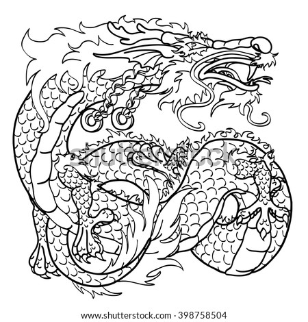 Artful Asian dragon black contour on white background
