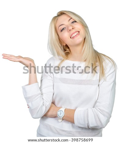 Beautiful happy smiling woman pointing copy space