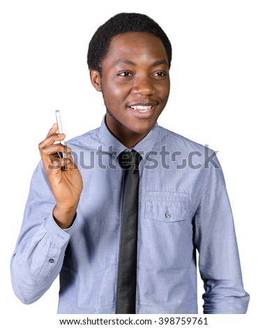 Portrait of a happy young african man with a mobile phone