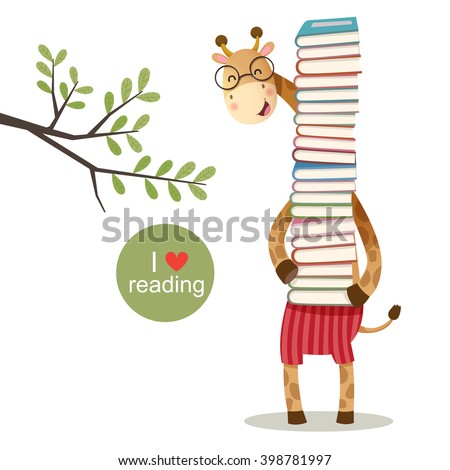 Vector illustration of cartoon giraffe holding a pile of books