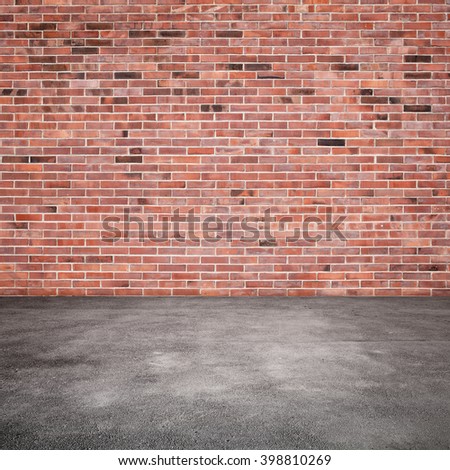 Empty abstract interior background with red brick wall and asphalt floor