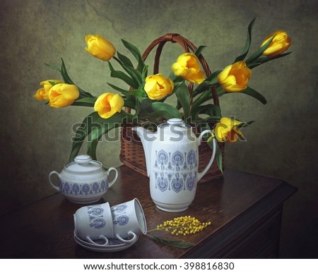 Still life of with yellow tulips