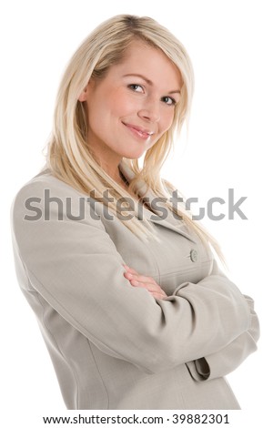 Portrait of attractive blond businesswoman with arms crossed isolated on white background