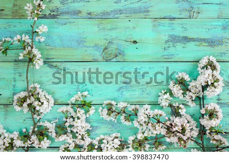 Blank rustic mint green wood sign with white spring flowers border; floral background with painted green copy space