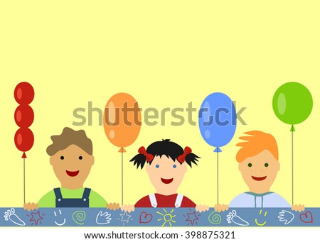children's background with peeking boys and girl and balloons
