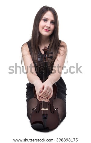Sitting smiling woman with fiddle