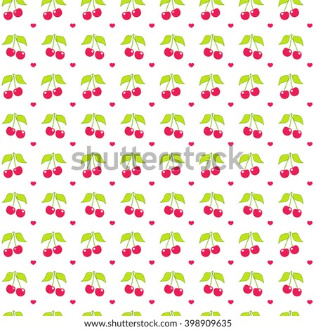 Seamless vector pattern. Cute abstract cherry with branch and leaves in flat style. Cartoon element for design. Wallpaper, background, texture, textile. Simple kawaii minimalistic pattern. Red, green 