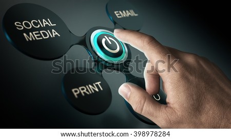 Communication strategy or advertising campaign concept. Finger about to press launch button of a marketing campaign. Composite image over black background. Royalty-Free Stock Photo #398978284