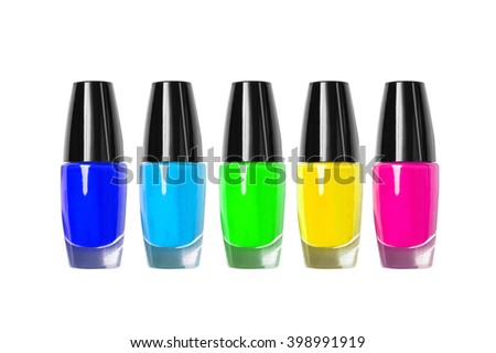 Group of bright nail polishes isolated on white background