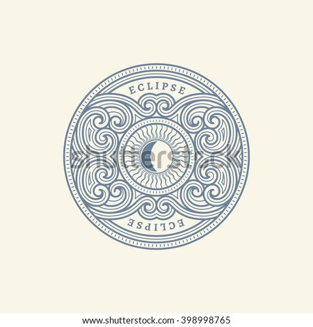 Vintage flourishes ornament label template with sun in trendy linear style. Vector illustration.