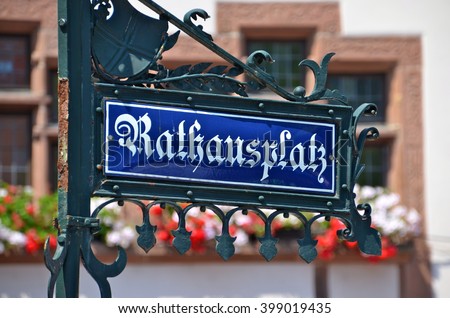 Street Plate of Rathausplatz in Freiburg im Breisgau, Baden-Wurttemberg state, Germany in front of Old Town Hall building (Altes Rathaus)