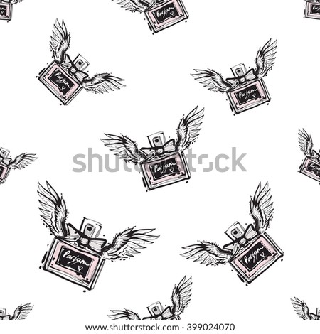 Vector fashion sketch. Hand drawn graphic flying perfume with angel wings. Contrasty glamour fashion seamless pattern in vogue style. Isolated elements on white background