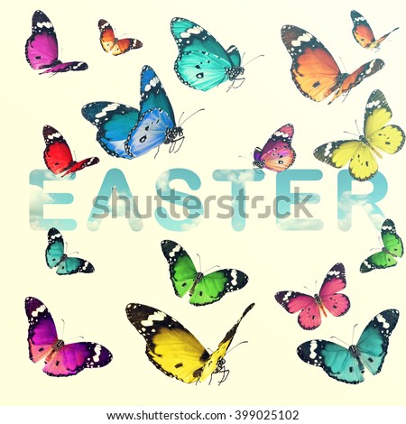 Colorful beautiful butterflies and word EASTER (blue sky). Spring nature holiday abstract background. Vintage style 
