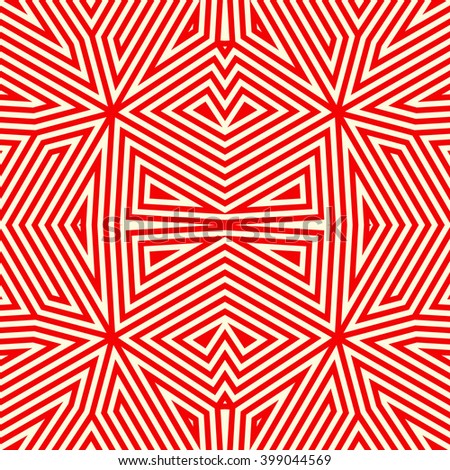 Seamless pattern with symmetric geometric ornament. Striped red white abstract background. Abstract repeated triangles wallpaper. Vector illustration