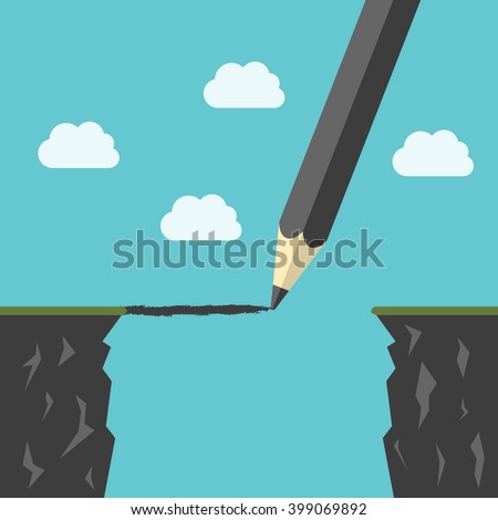 Pencil drawing a bridge above abyss between cliffs. Conquering adversity, business success, bridging the gap concept. EPS 8 vector illustration, no transparency Royalty-Free Stock Photo #399069892