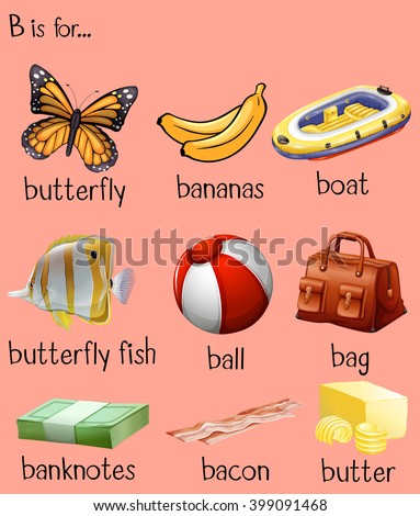 Different words for alphabet B illustration