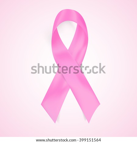 Realistic breast cancer awareness pink ribbon on pink background.