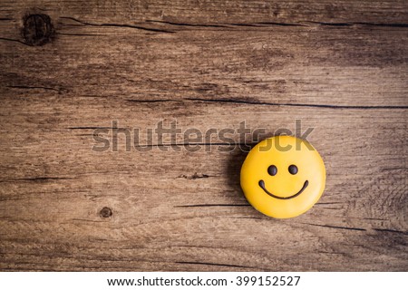 smiley face on wooden background, food, flat lay, top view, copy space Royalty-Free Stock Photo #399152527