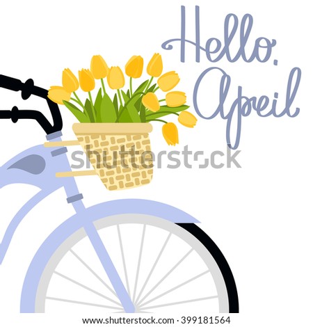 Vector illustration with bicycle and tulips in flat style. Text hello april