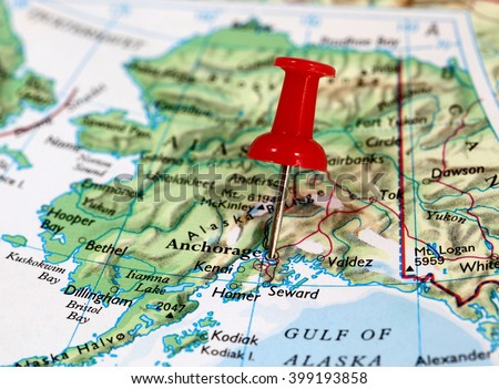 Map with pin point of Anchorage in Alaska, USA