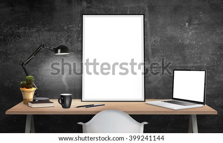 Isolated poster frame and laptop on office desk for mockup. Lamp, cactus, pencils, book, cup of coffee on table.