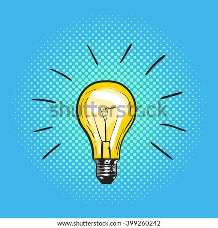 Vector illustration of pop art light bulb. Concept of new idea. Hand drawn sign. Illustration for print, web.