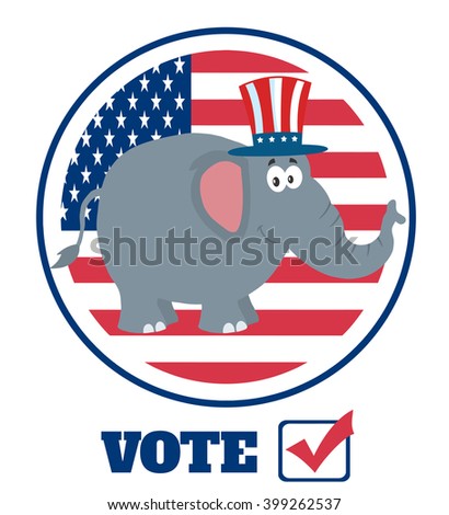 Elephant Cartoon Character With Uncle Sam Hat Over USA Flag Label And Text. Vector Illustration Flat Design Style Isolated On White