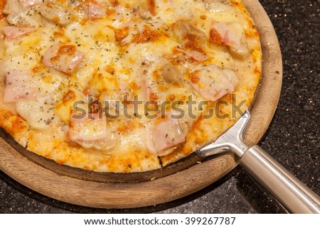 Closeup tasty ham and cheese pizza with paddle ready for serving.
