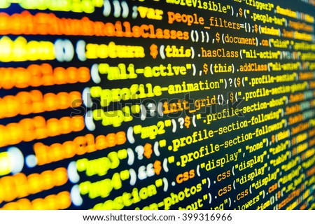Software source code. Website development. Writing programming code on laptop. Programmer occupation. Programming code abstract screen of software developer. Source code photo. 
