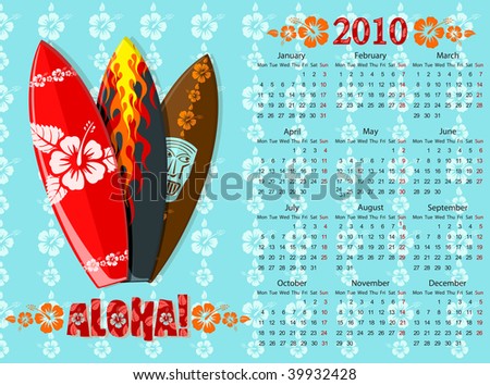 European blue Aloha vector calendar with surf boards, starting from Mondays