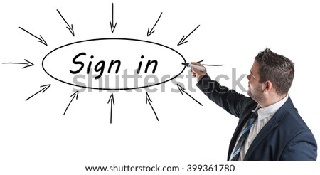 Sign in - young businessman drawing information concept on whiteboard. 