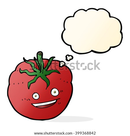 cartoon happy tomato with thought bubble