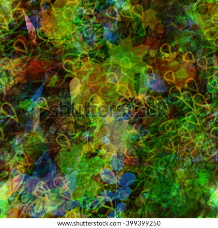 Dark seamless background. Transparent leaves of different sizes and drops are mixed randomly. Abstract pattern